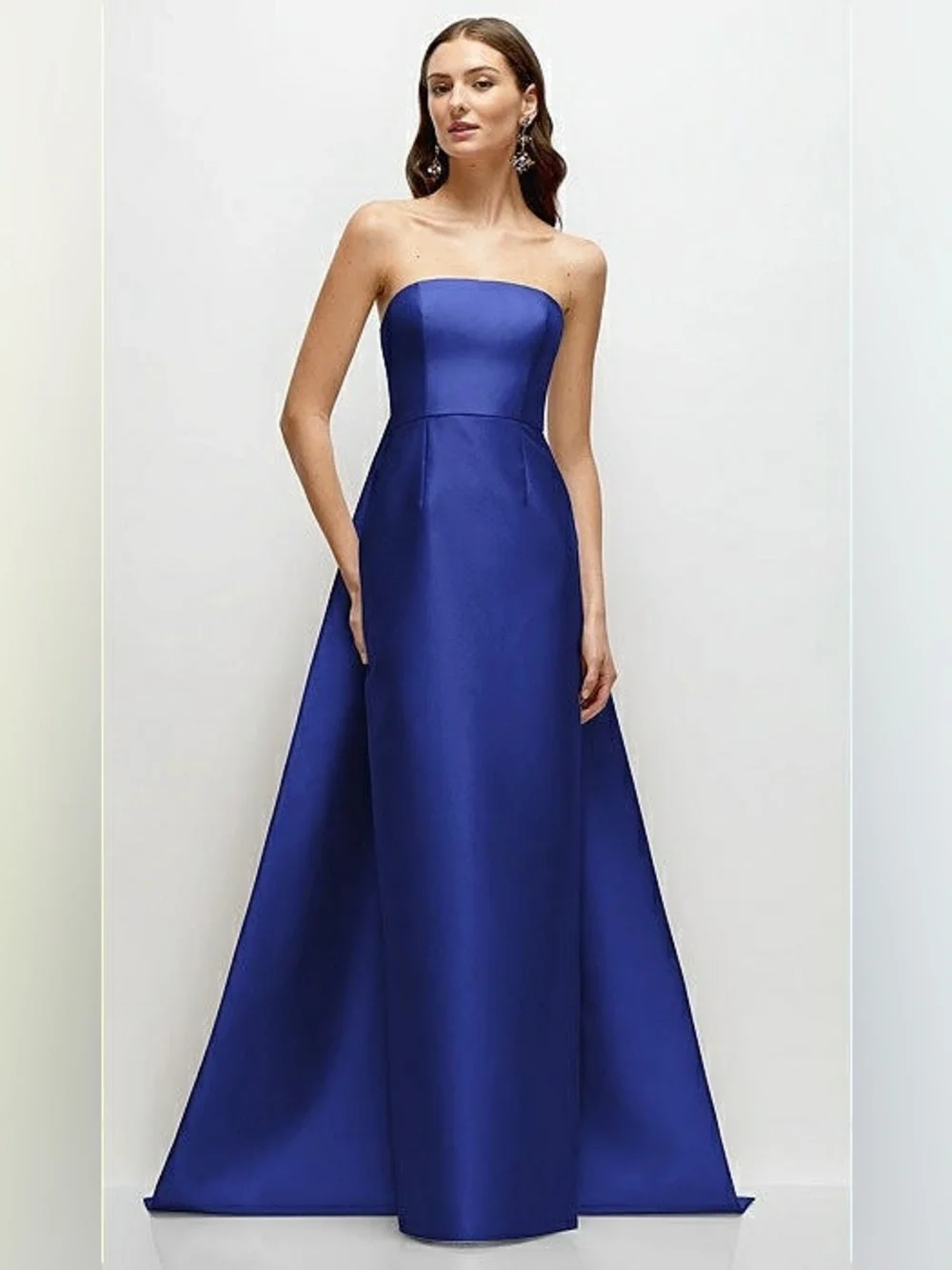 Alfred Sung Strapless Satin Column Dress Removable Watteau Train Cobalt Blue - Picture 2 of 8